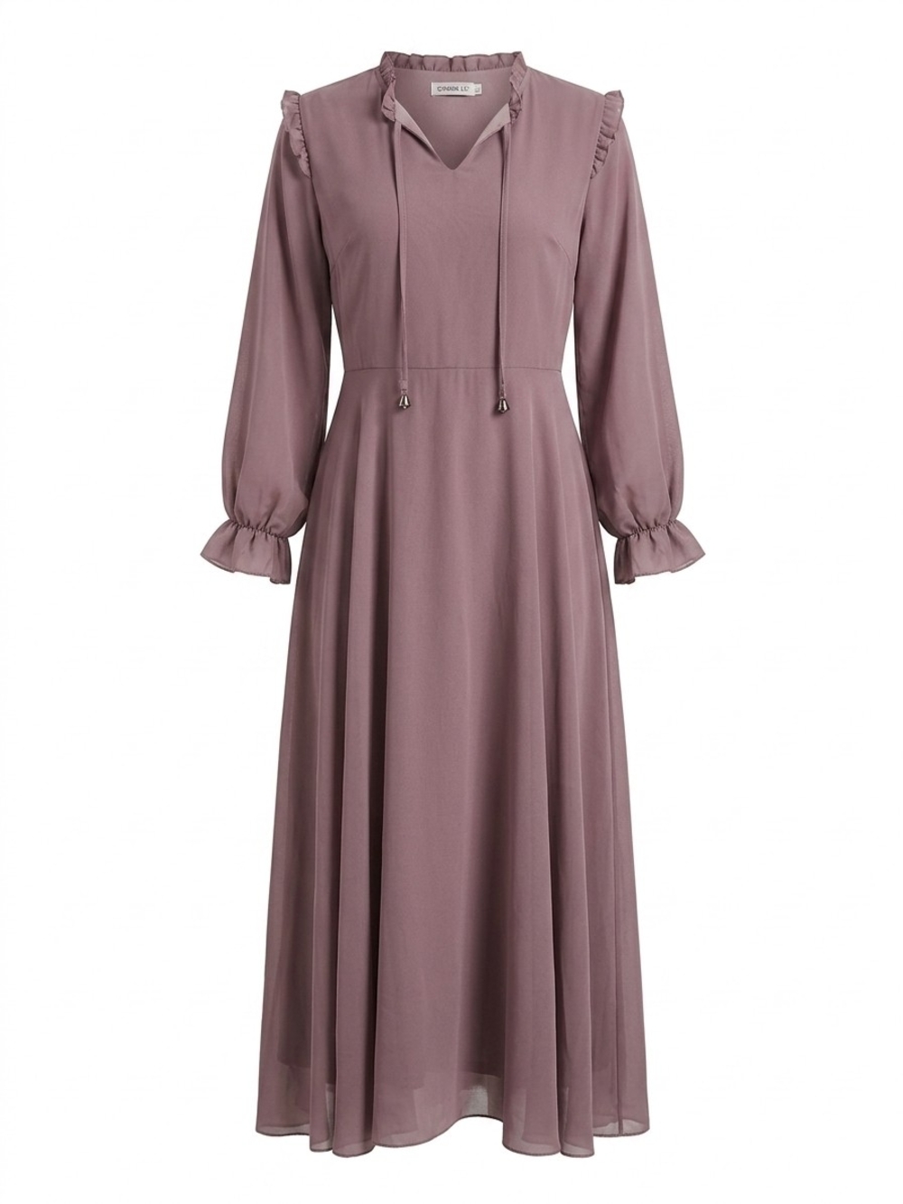 OZMENLER Dusty Rose Chiffon Maxi Dress Tie Neck Ruffle Size 44